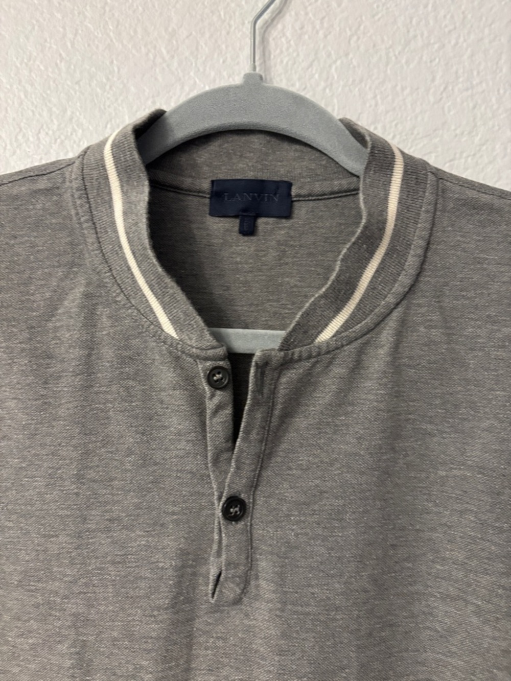 Lanvin Gray Short Sleeve Mock Neck Polo with Cream Stripe Collar